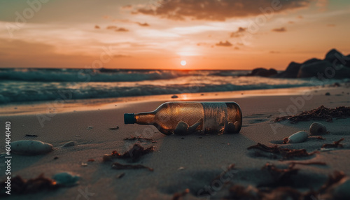 Loneliness on castaway beach, SOS message in bottle generated by AI