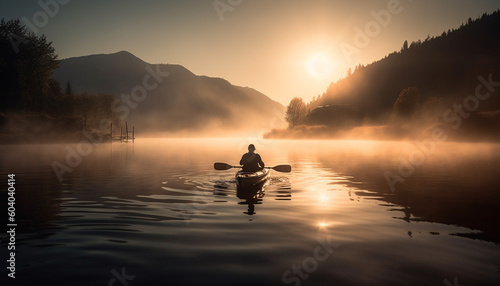Silhouettes rowing canoes at tranquil sunset waters generated by AI