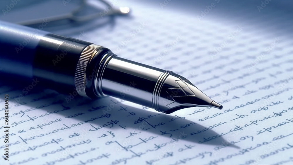 Fototapeta premium Writing a note with a pen in blue notepad with Generative AI.