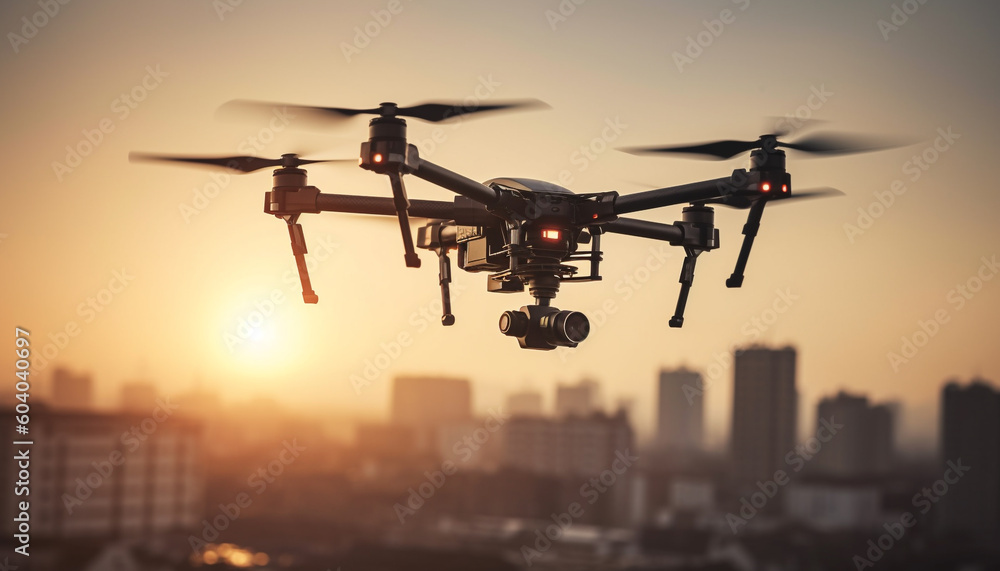 Silhouette hovering mid air, drone filming cityscape sunset generated by AI Silhouette hovering mid air, drone filming cityscape sunset generated by AI