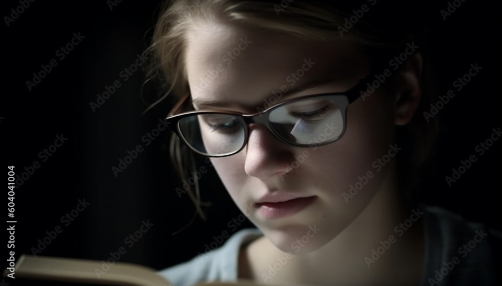 Sad girl reading book, seeking education and beauty generated by AI
