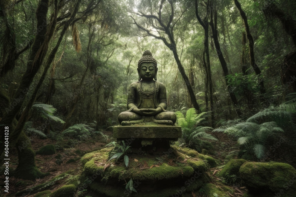 Tranquil Harmony: Captivating Image of Buddha Statue Amidst a Serene Green Forest