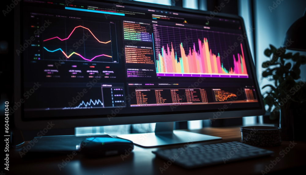 Glowing pulse trace on computer monitor analyzing growth generated by AI Glowing pulse trace on computer monitor analyzing growth generated by AI