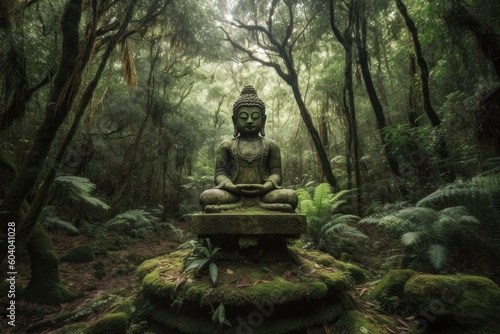 Tranquil Harmony: Captivating Image of Buddha Statue Amidst a Serene Green Forest