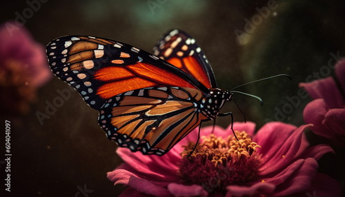 Majestic monarch butterfly flying over purple flower generated by AI