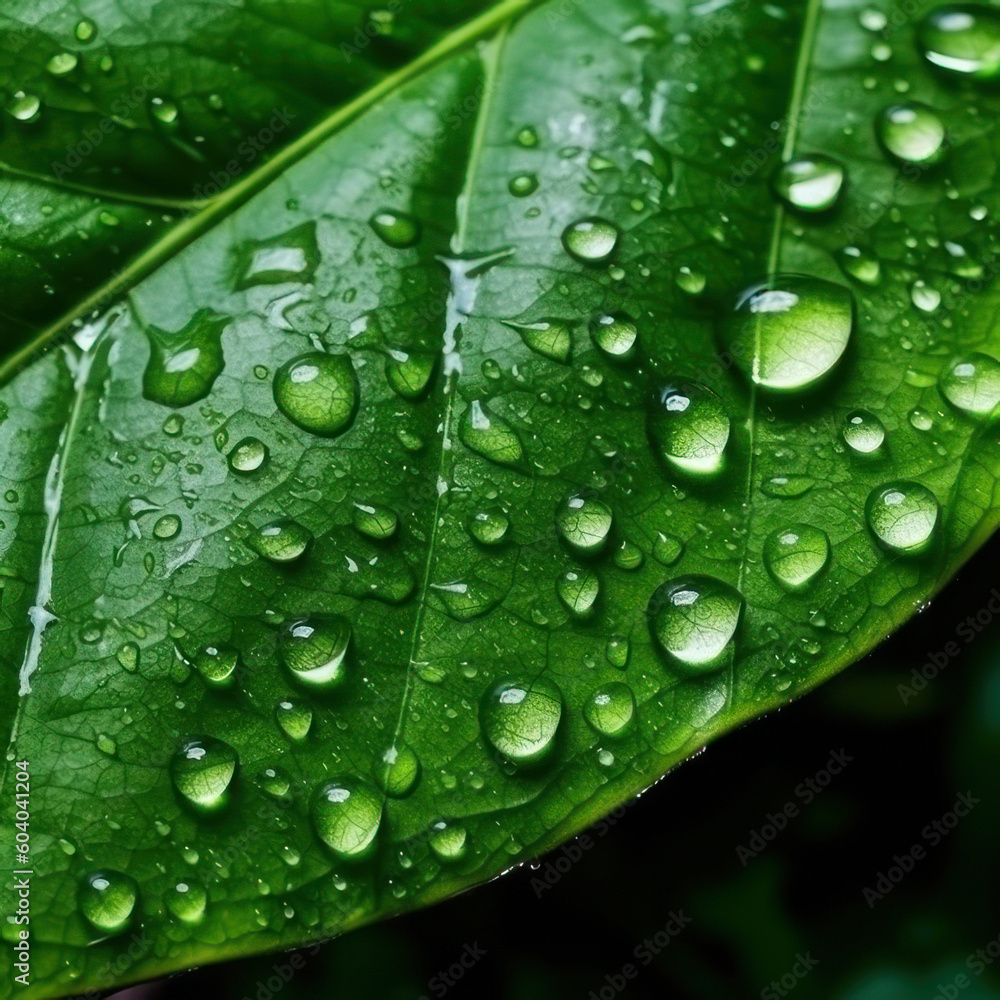 Green leaf and raindrops. Background, texture. Square background. AI generative. Green leaf and raindrops. Background, texture. Square background. AI generative.