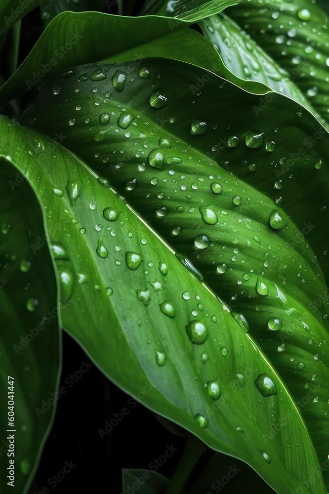 Green leaf and dew drops. Background, texture. Vertical background. AI generative. Green leaf and dew drops. Background, texture. Vertical background. AI generative.