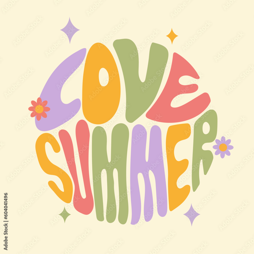 Love summer - groovy lettering vector design. Trendy groovy print design for posters, cards, t-shirts. Colorful cartoon quote 