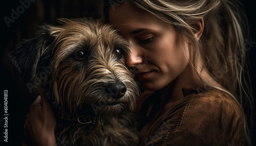 Caucasian women embracing cute terrier puppy indoors generated by AI