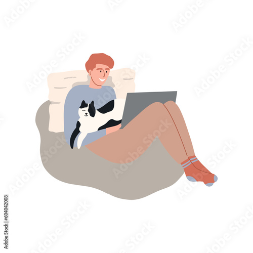 A cat lying on man's hands. Concept of happy pet owner. Vector illustration in a flat style isolated on white background.
