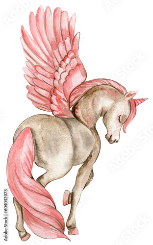 Beautiful, cute, white unicorn with pink wings. Horse for nursery, baby shower, invitation for birthday party. Watercolor hand drawn vintage illustration for greeting card, posters,stickers,packaging.