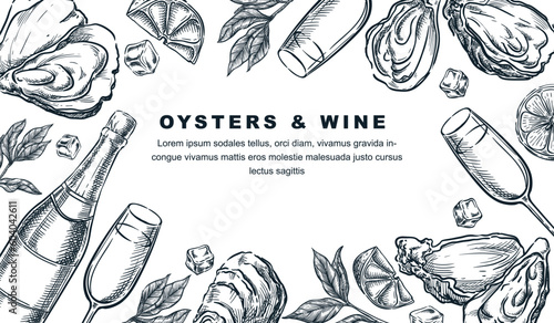Oysters and wine or champagne tasting banner, poster, party flyer. Vector sketch illustration of bottle, glasses, oyster