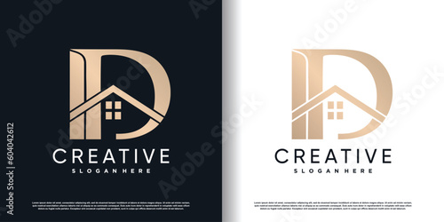 building logo design with initial letter D and creative unique concept premium vector
