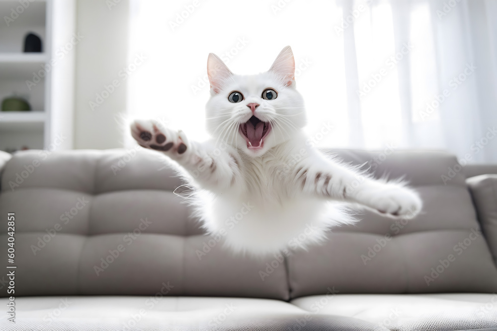 crazy white cat jumping on sofa