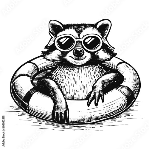 raccoon wearing sunglasses in swimming ring sketch, vacation raccoon