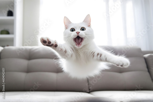 Fotomurale crazy white cat jumping on sofa