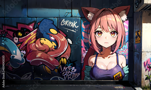graffiti girl wearing headphones, anime girl, woman with graffiti, Generative AI