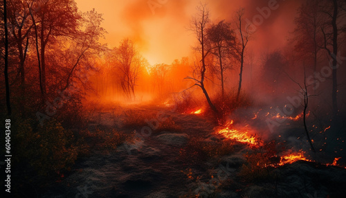 Burning tree in dark forest, firefighter horror generated by AI © Stockgiu