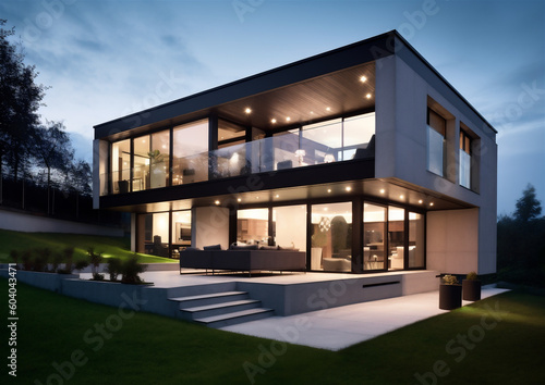 The appearance of the villa with a modern design sense, in the outdoor woods © lichaoshu