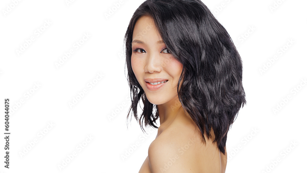 Fototapeta premium Beautiful adult asian woman with clean fresh skin on white background, Face care, Facial treatment, Cosmetology, beauty and spa, Asian women isolated on free PNG Background.