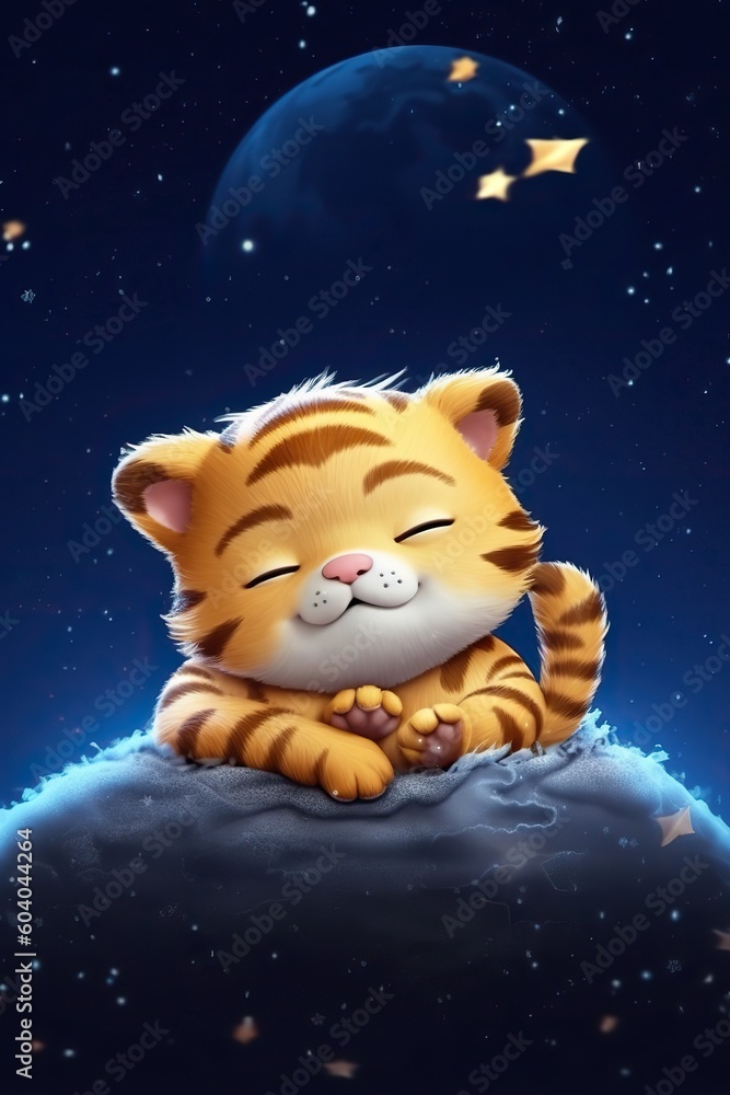 cucciolo di tigre che dorme nella notte con cielo stellato