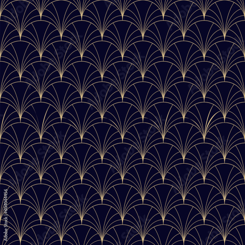 Luxury art deco seamless pattern. Golden vector geometric linear texture with thin curved lines, fish scale ornament, peacock pattern, grid, lattice. Elegant black and gold abstract background design