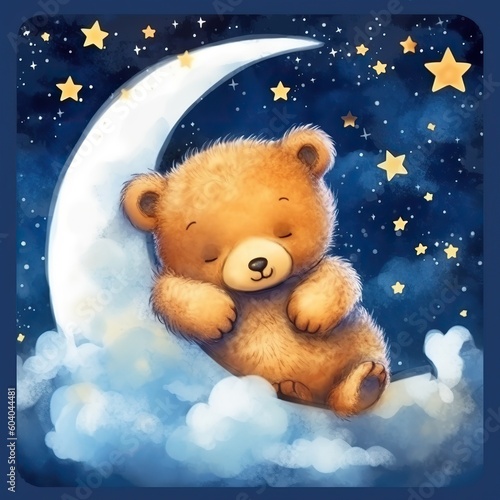 cucciolo di orso su sulla luna e fra le nuvole nella notte con cielo stellato photo