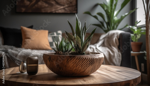 Comfortable modern bedroom with rustic potted plants generated by AI