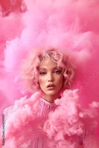 Beautiful blonde white girl comming out of huge pink smoke. Generated AI.