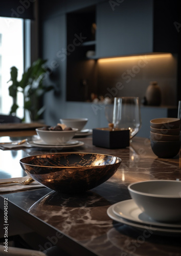 Wallpaper Mural Close up of beautiful set dinnerware and crystal wine glasses on dining table at home Torontodigital.ca