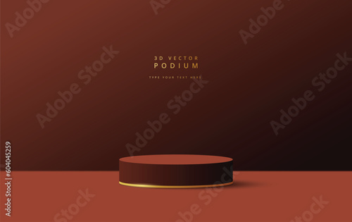 Empty brown beige room with abstract luxury golden line on brown 3d cylinder podium or stage pedestal for show product. 3d vector geometric form design. 3d stage for show best product.