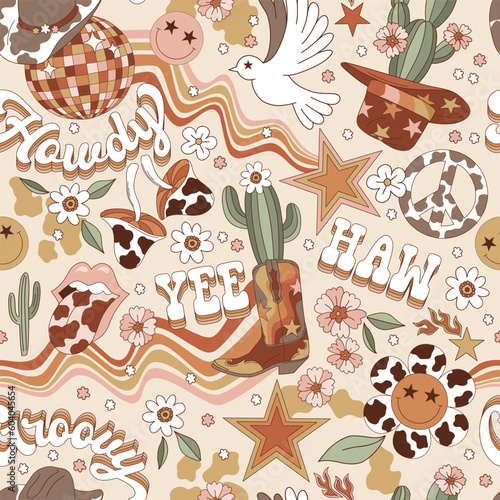 Groovy 60s 70s Western vector seamless pattern. Hippie cowboy background. Retro wild west surface design.