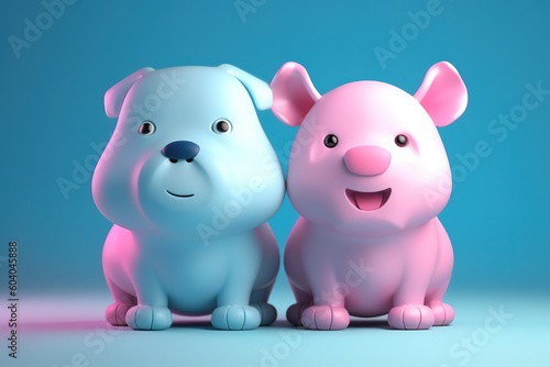 Cute cartoon couple of animals on pure background. 3D illustration.
