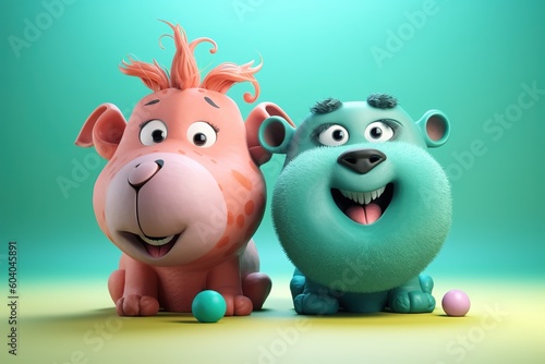 Cute cartoon couple of animals on pure background. 3D illustration.