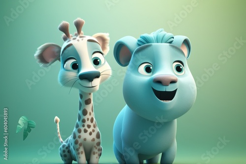 Cute cartoon couple of animals on pure background. 3D illustration.