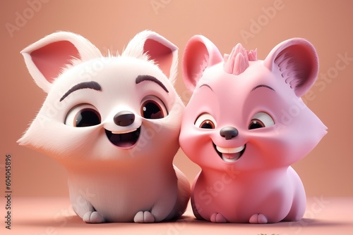 Cute cartoon couple of animals on pure background. 3D illustration.
