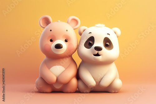Cute cartoon couple of animals on pure background. 3D illustration.