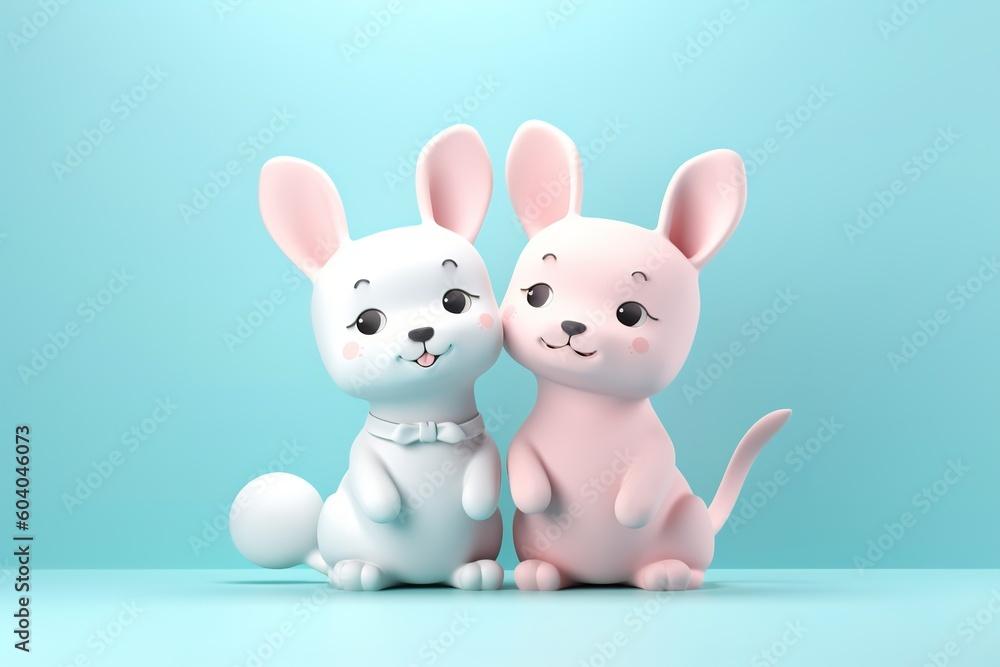 Fototapeta premium Cute cartoon couple of animals on pure background. 3D illustration.