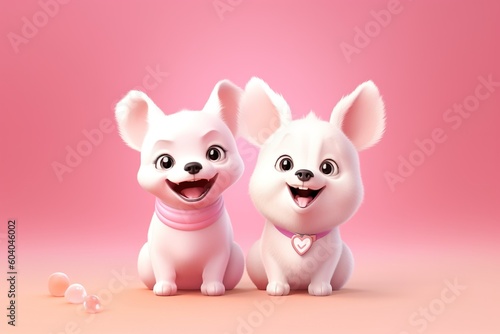 Cute cartoon couple of animals on pure background. 3D illustration.