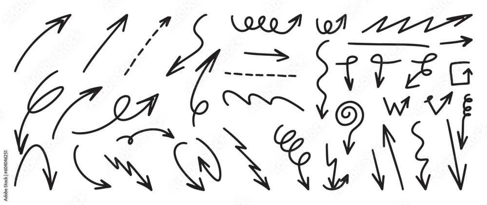 Set of black hand drawn arrow element vector. Collection of doodle arrows, lines, symbol, shapes on white background. Simple icon illustration for education, decoration, map. Set of black hand drawn arrow element vector. Collection of doodle arrows, lines, symbol, shapes on white background. Simple icon illustration for education, decoration, map.