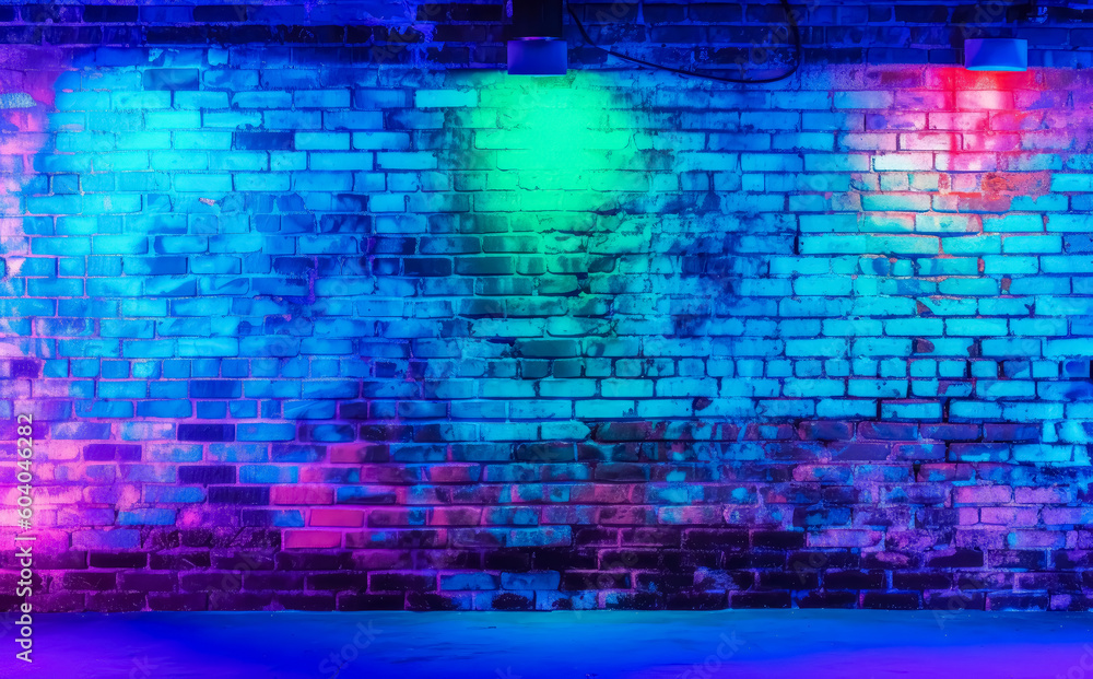 Neon brick wall background with purple and blue lights, color gradient bricks. Generative Ai Illustration.
Neon brick wall background with purple and blue lights, color gradient bricks. Generative Ai Illustration.