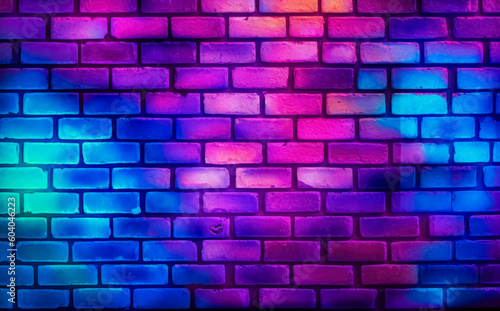 Neon brick wall background with purple and blue lights  color gradient bricks. Generative Ai Illustration. 