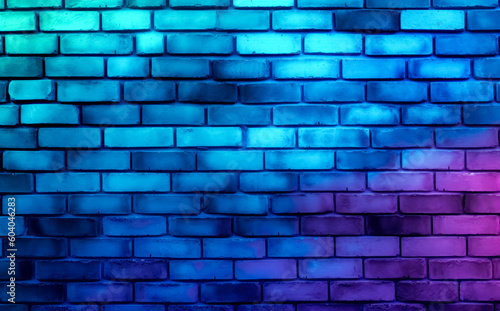 Neon brick wall background with purple and blue lights, color gradient bricks. Generative Ai Illustration. 