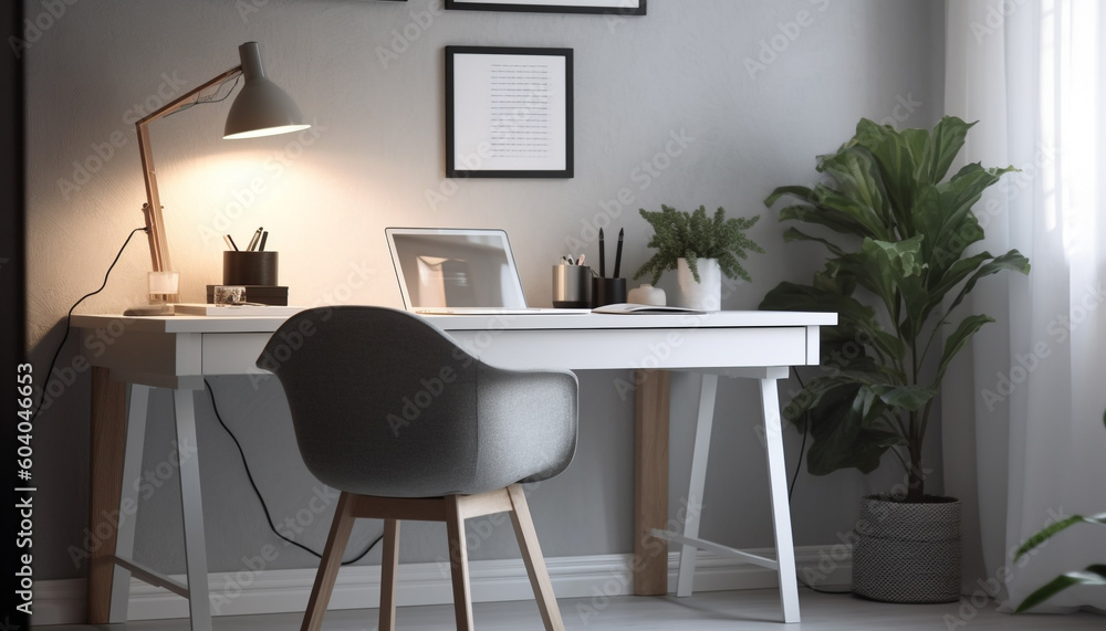 Modern office with computer, lamp, and chair generated by AI