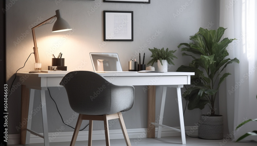 Modern office with computer, lamp, and chair generated by AI Modern office with computer, lamp, and chair generated by AI