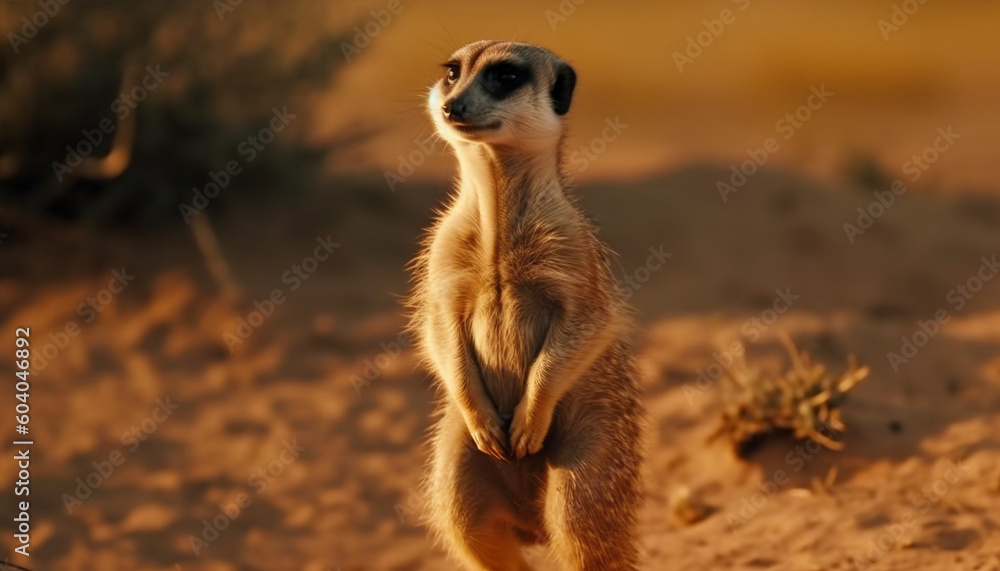 Fototapeta premium Meerkat standing alert, watching nature beauty at dusk generated by AI