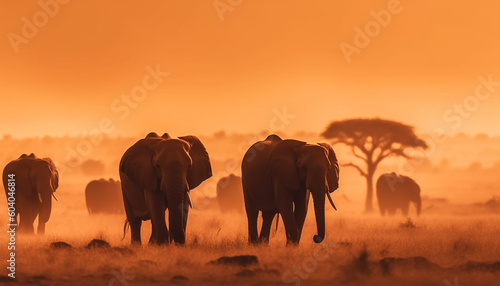 African elephant herd grazing at sunset safari generated by AI © Stockgiu