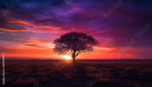 Silhouette of acacia tree in African sunset generated by AI