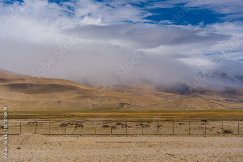  Landscape of Desert mountains against clouds sky at the way from Pangong Lake to Tso Moriri, Leh, Ladakh, Jammu and Kashmir, India