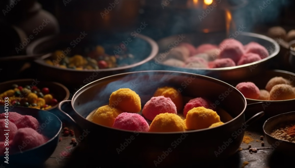 Sweet dessert bowl with raspberry and coconut ball generated by AI